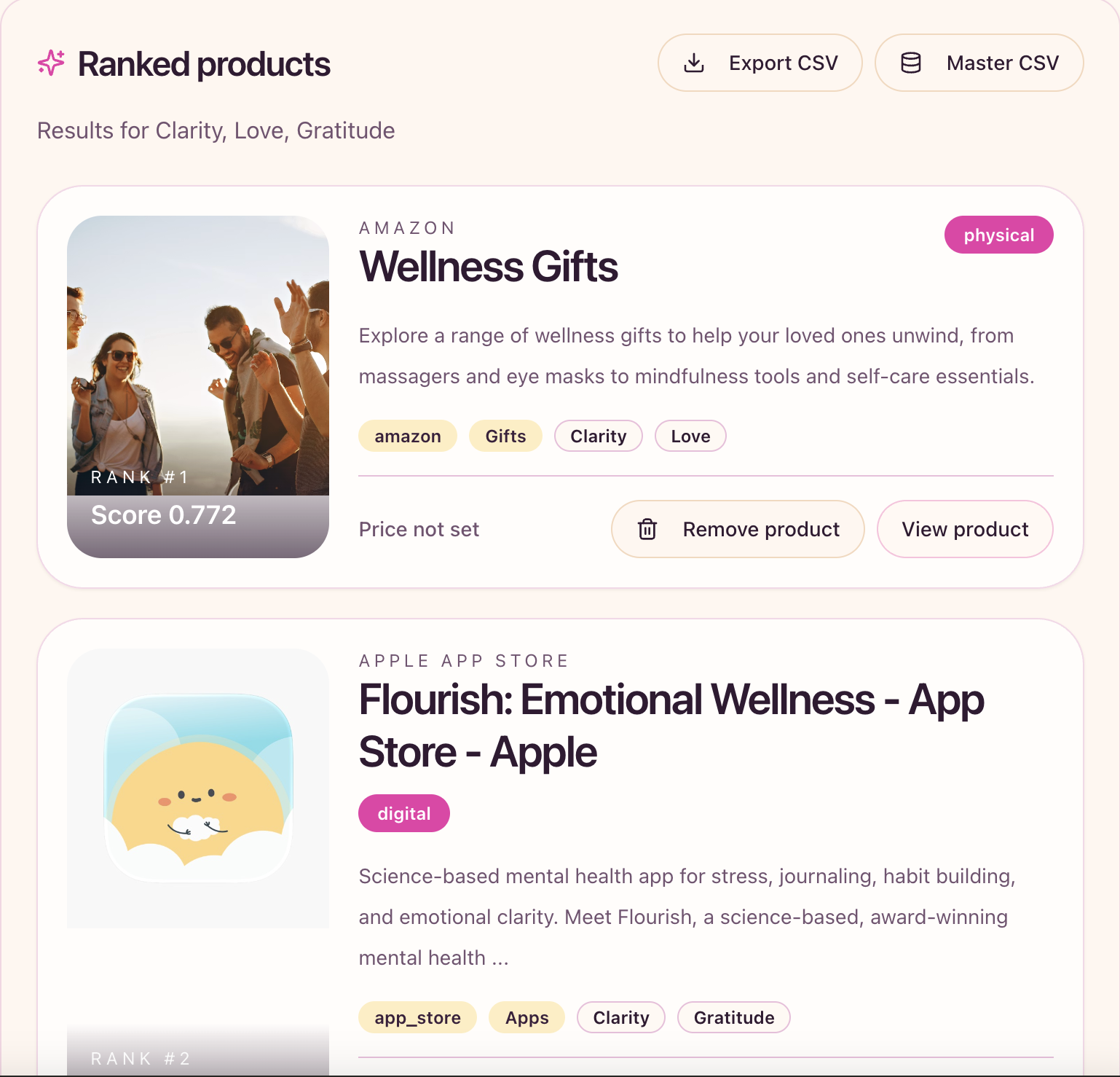 Ranked products dashboard showing emotion-matched results for Clarity, Love, and Gratitude